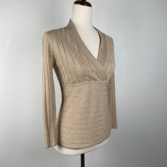 00s y2k Gold Metallic Knit Ribbed V-Neck Sweater Pullover Shimmery Top Petite M - Picture 6 of 10
